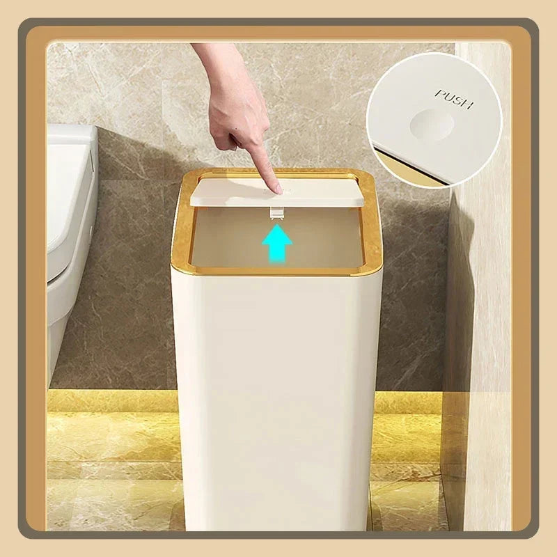 10L/12L Nordic Trash Can with One-Touch Lid Bin Deodorant Waterproof Dustbin Large Capacity Slim Toilet Gold Garbage Can