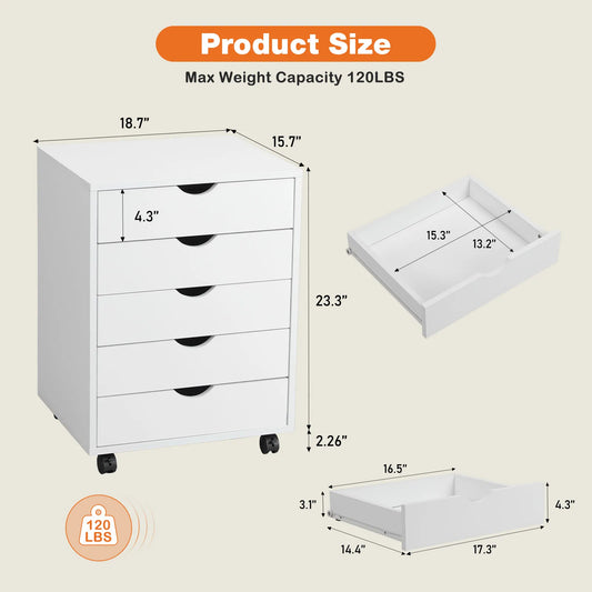 JHK Wood Nightstand Cabinet 5 Drawers Waterproof Surface Storage Organizer File Office Easy To Move Bedside Table Rotating Wheel