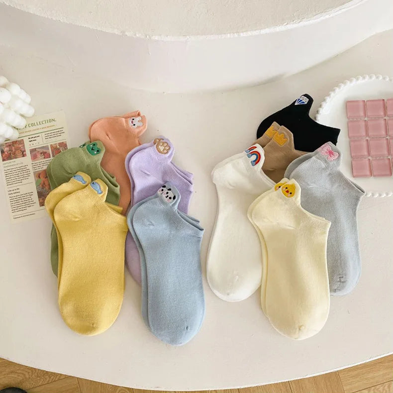 5 Pair Cute Embroidery Animal Women Socks Spring Summer Short Shallow Mouth Fashion Rainbow Female Low Cube Socks Set