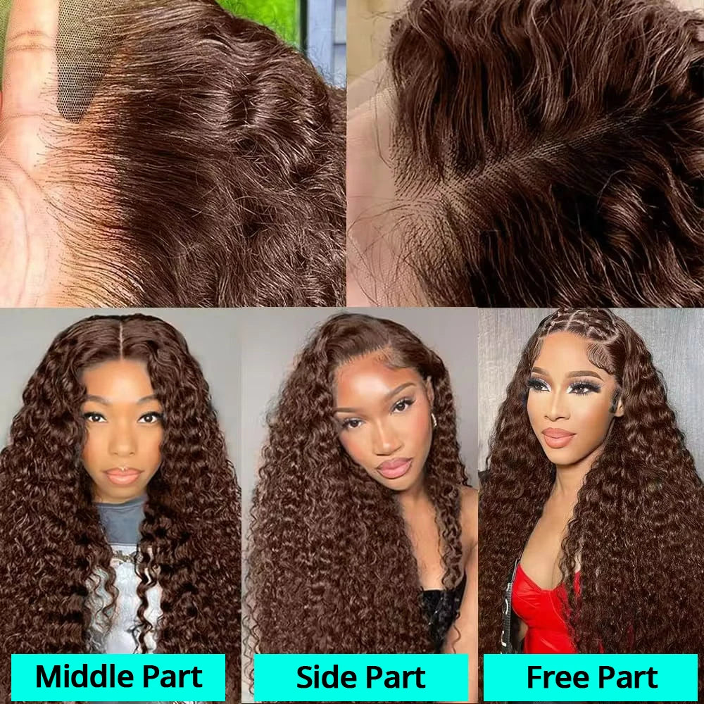 200% Chocolate Brown Deep Wave Human Hair Wig 30 34Inch Transparent Lace Frontal Wigs For Women 13x6 Lace Front Water Curly Wigs