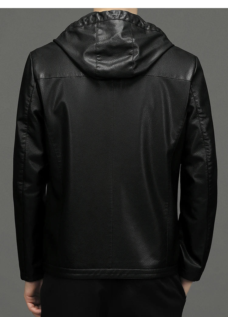 2024 High Quality Hooded Leather Fashion Handsome Trend Solid Color Casual Dad Dad Motorcycle Leather Jacket Upscale  M-4XL