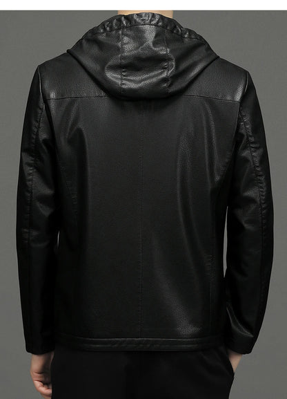2024 High Quality Hooded Leather Fashion Handsome Trend Solid Color Casual Dad Dad Motorcycle Leather Jacket Upscale  M-4XL