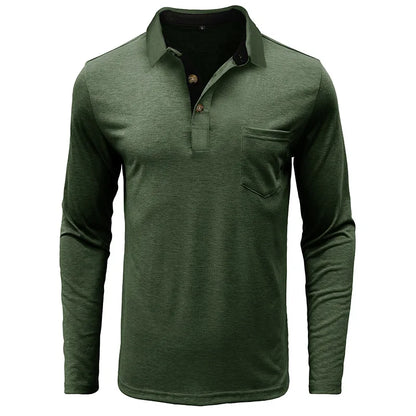 Spring Trend Men's Long Sleeve Casual Tshirt Solid Lapel Button Up Pullover Tops Autumn Turn Down Collar Bottoming Polo Shirt