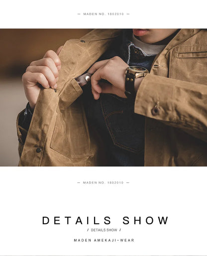 Maden Vintage Men's Canvas Oil Wax Jackets Khaki Multi-pocket Lapel Collar Single-breasted Jacket Windbreaker for Male Outwear