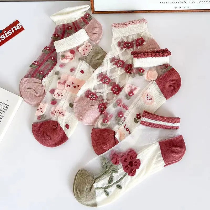 5 Pairs Lolita Japanese Woman Cute White Short Socks Set Girl Spring Summer Sweet Ruffle Lovely Cotton Socks For Women