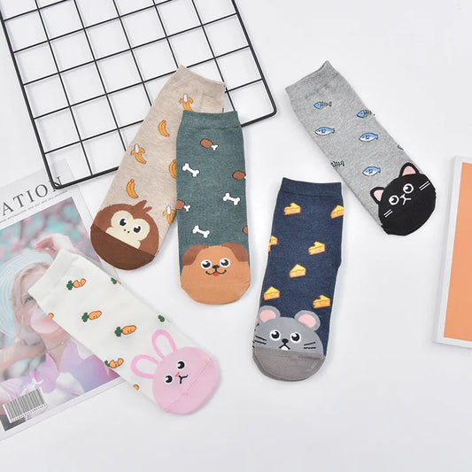5 Pairs New Fashion Colorful Harajuku Korean Kawaii Cute Women Socks Cat Dog Owl Stripe Avocado Girl Cotton Cartoon Socks