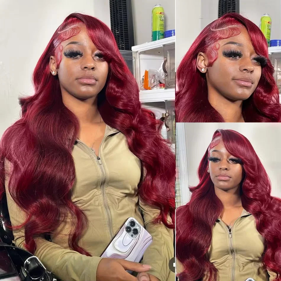 200% Body Wave Wig Burgundy 99J Lace Front Wig 13x4 13x6 HD Lace Frontal Wig Human Hair Pre Plucked 99j Red Colored Wig
