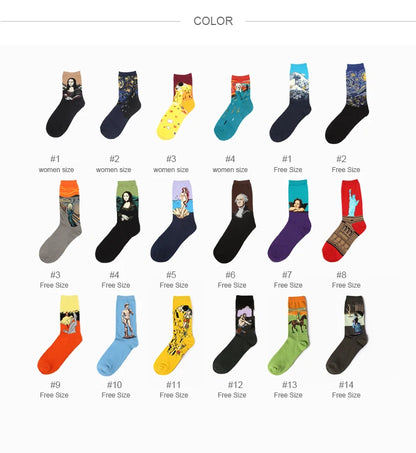1 Pair Autumn Winter Retro Men Socks Couple Socks New Art Van Gogh Mural World Famous Oil Painting Series Funny Socks