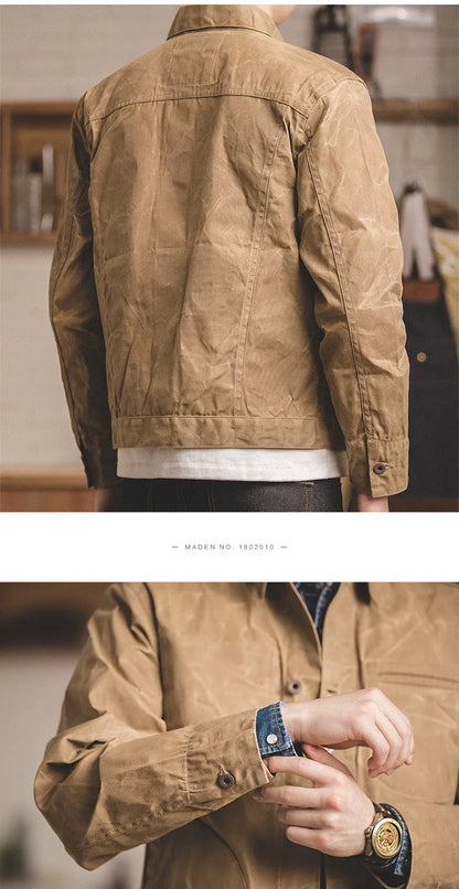 Maden Vintage Men's Canvas Oil Wax Jackets Khaki Multi-pocket Lapel Collar Single-breasted Jacket Windbreaker for Male Outwear