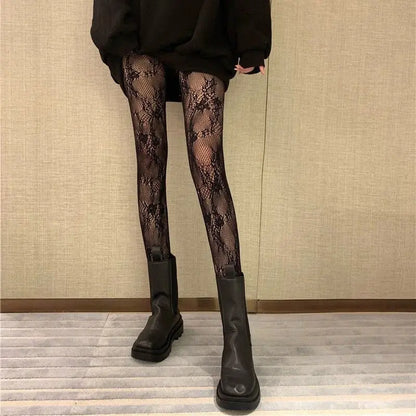 Lolita Sweet Girls Punk Style Floral Tights Colorful Thigh High Stockings Lingerie Women Sexy Hollow Out Mesh Fishnet Pantyhose
