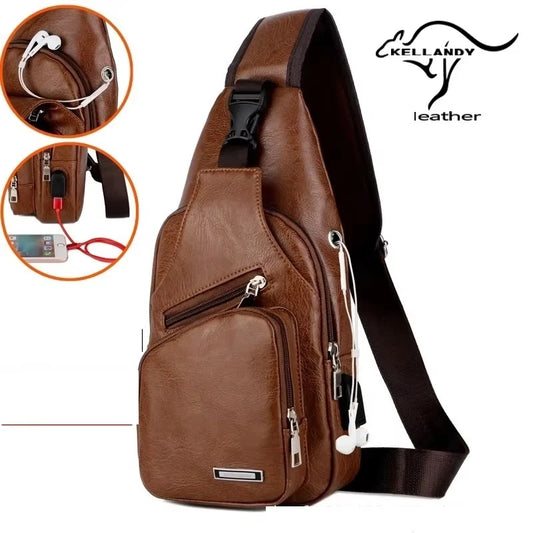 New USB Men's Chest Bag Portable Large Capacity Charging Leisure Diagonal Cross Bag Outdoor Sports PU Chest Bag