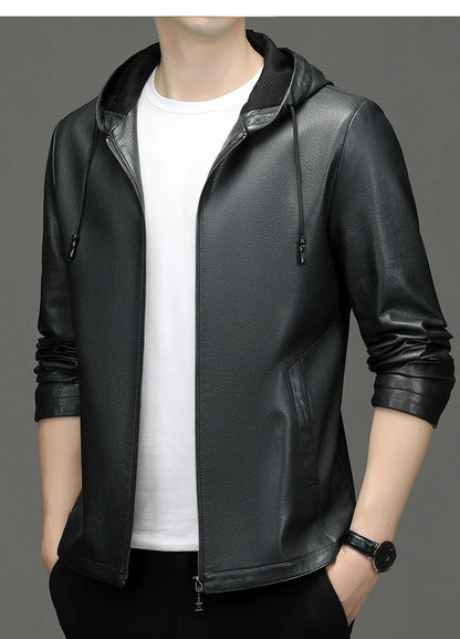 2024 High Quality Hooded Leather Fashion Handsome Trend Solid Color Casual Dad Dad Motorcycle Leather Jacket Upscale  M-4XL