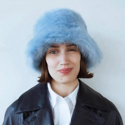 2024 Fluffy Faux Fur Bucket Hats Women Rabbit Fur Warm Thick Plush Winter Hat Lady Fashion Luxury Panama Furry Fisherman Cap Y2k