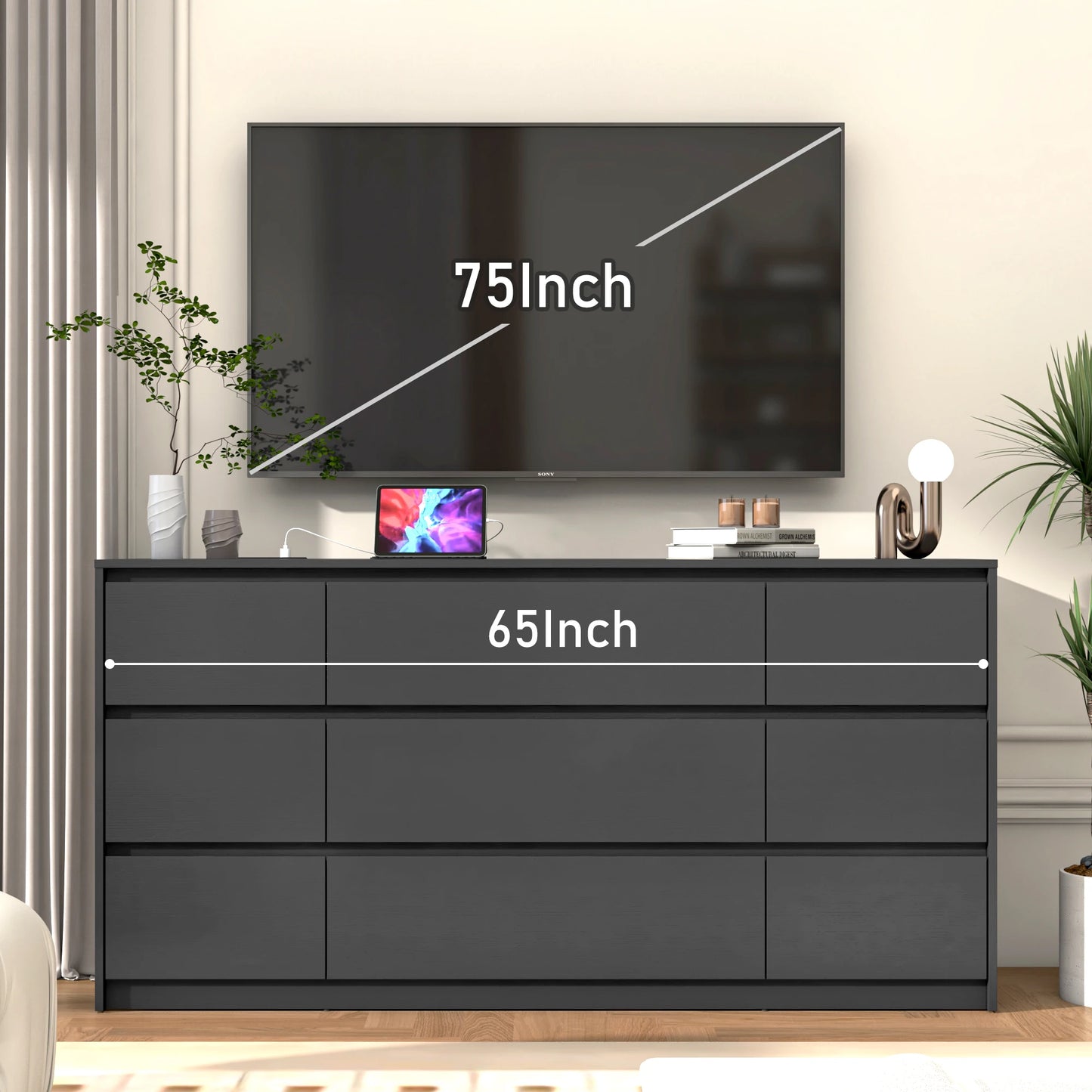 9 Drawer Dresser for Bedroom, 63" Modern Large Wood Chest of Drawers with Charging Station Handle Free, Storage Organizer Closet