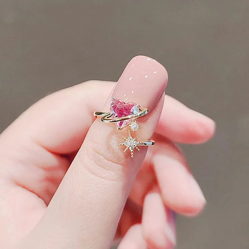 2024 Korean New Exquisite Lovely Pink Love Opening Ring Fashion Temperament Versatile Ring Female Jewelry