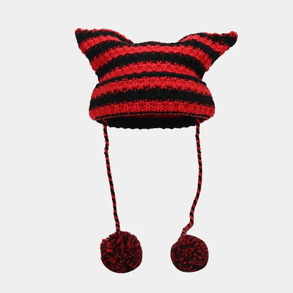 New Japanese Streetwear Harajuku Beanie Little Devil Striped Knitted Hat Women Girls Autumn Winter Cute Cat Ears Cap