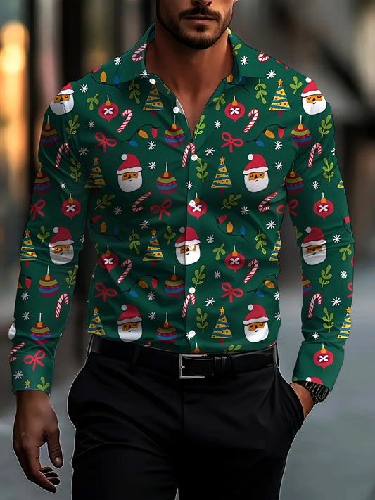 Christmas Festival Theme Men's 3D Printed Formal Shirts Christmas Tree Santa Claus Graphic Long Sleeve Shirt Fashion Men's Shirt