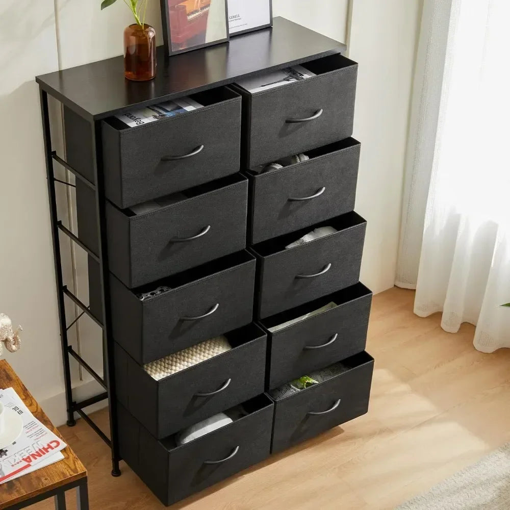 Dresser for Bedroom, Tall Storage Drawers, Fabric Storage Tower with 10 Drawers, Chest of Drawers with Fabric Bins, Sturdy Metal