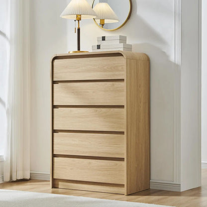 Modern 5 Drawers Dresser, 45" Tall Dressers & Chests of Drawers w/Curved Profile Design, Wood Mid Century Vertical Dresser.