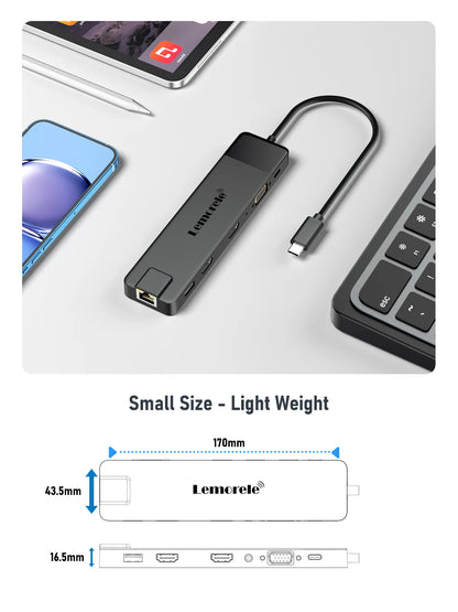 Lemorele 4K USB Hub USB C to Dual HDMI VGA Gigabit Docking Station USB 3.0 VGA Adapter SD Card Readers  for Windows MacBook Air