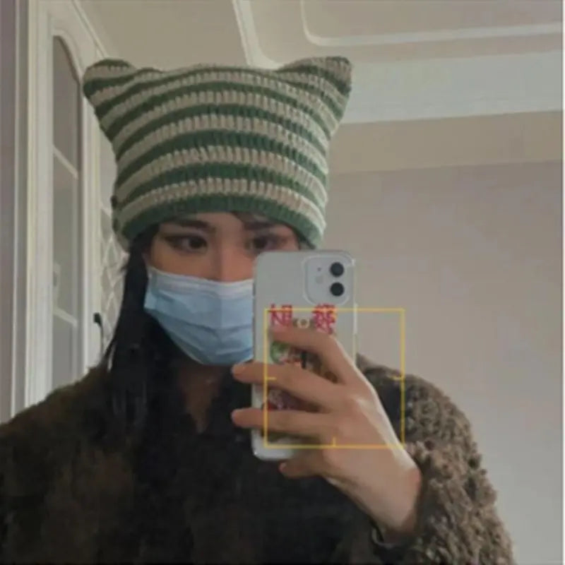New Japanese Streetwear Harajuku Beanie Little Devil Striped Knitted Hat Women Girls Autumn Winter Cute Cat Ears Cap