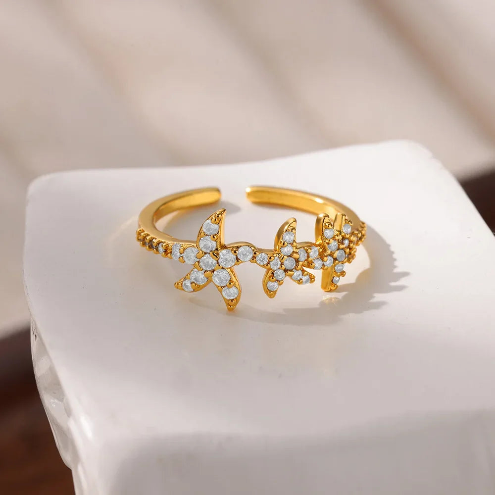 Dainty Zircon Shell Starfish Turtle Evil Eye Rings Stainless Steel Ring Women Anti Fading Golden Charm Jewelry Accessories Gifts