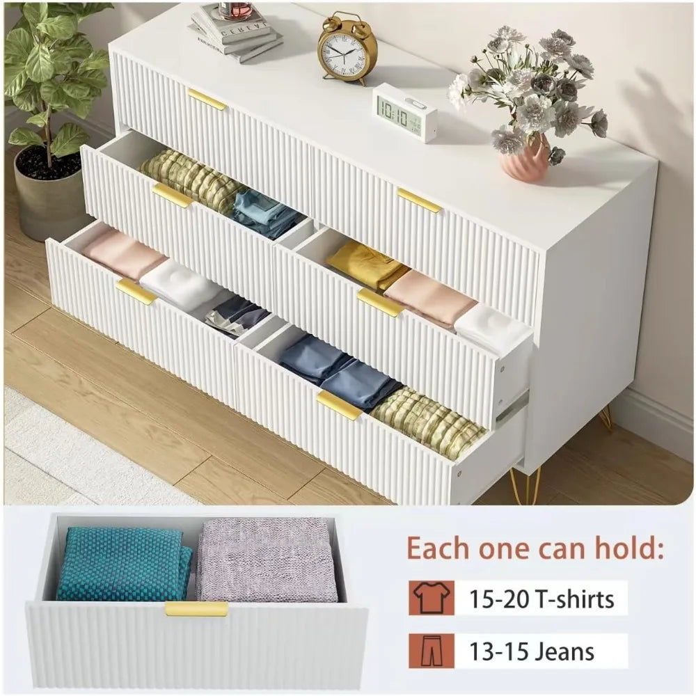 White dresser for bedroom, 6-drawer wooden dresser with gold handles, modern dresser and locker drawer chest