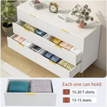 White dresser for bedroom, 6-drawer wooden dresser with gold handles, modern dresser and locker drawer chest