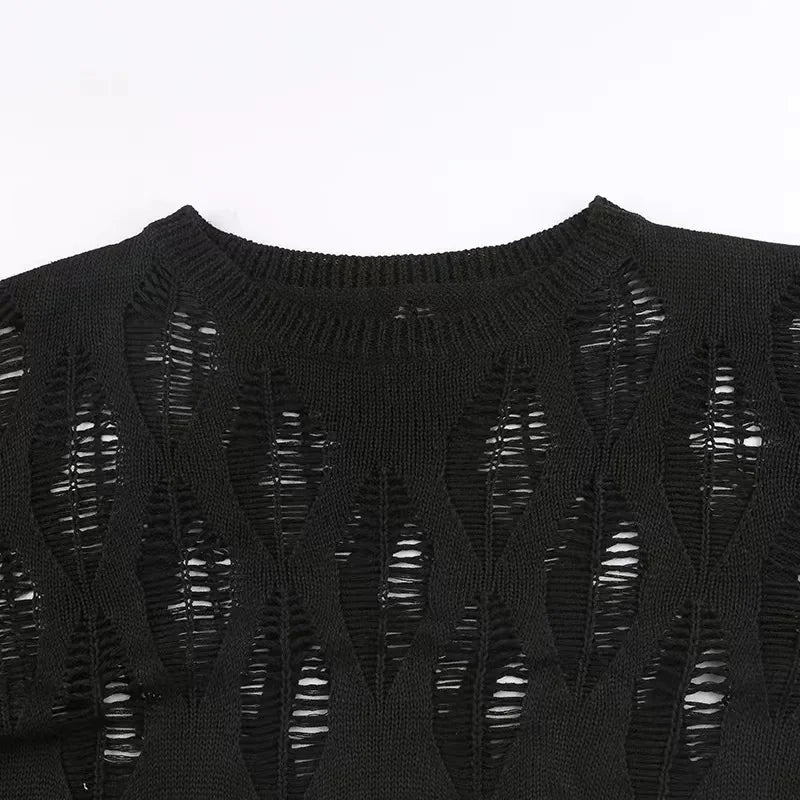 Perforated Hollow Out Knitted Blouse Sunscreen Long Sleeve Top Gothic Dark Black Sexy Thin Sweater Women's Summer Chic Crop Tops