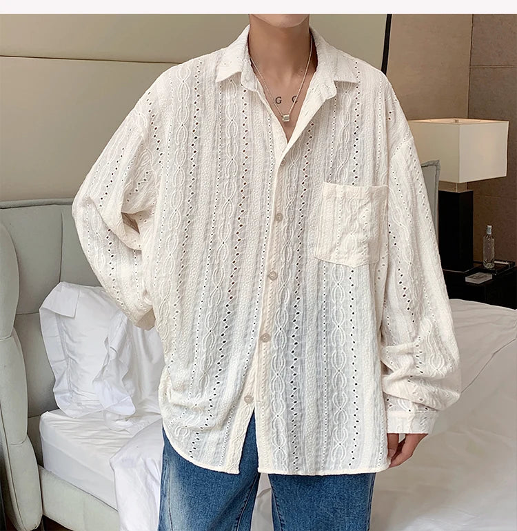 Shirts for men Apricot Handsome Lapel Men Blouse Vacation Hollow Out Sexy Fashion Men Clothing Male Mesh Long-sleeved Shirts
