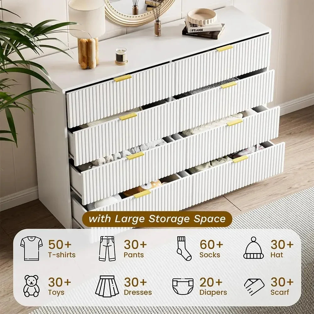 55" Wide Dresser Bedroom, Fluted 8-Drawer Double Dresser with Gold Handles, Modern Tall Chest of Drawers for Bedroom, Dressers