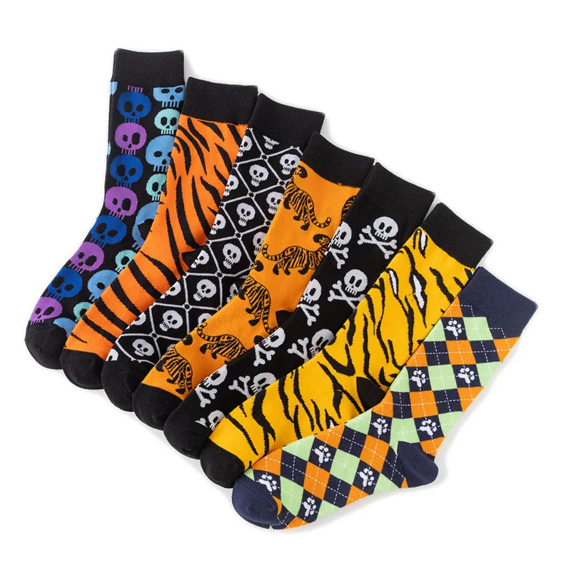 1 Pairs New Funky Skull Socks Men Tiger Cartoon Alien Novelty Hip Hop Orange Crazy Trend Socks Gift