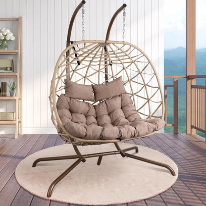 Outdoor Egg Swing Chair with Stand, 2 Person Patio Swing Chairs with Thick Cushions and Pillows, Wicker Double Egg Chair Swing