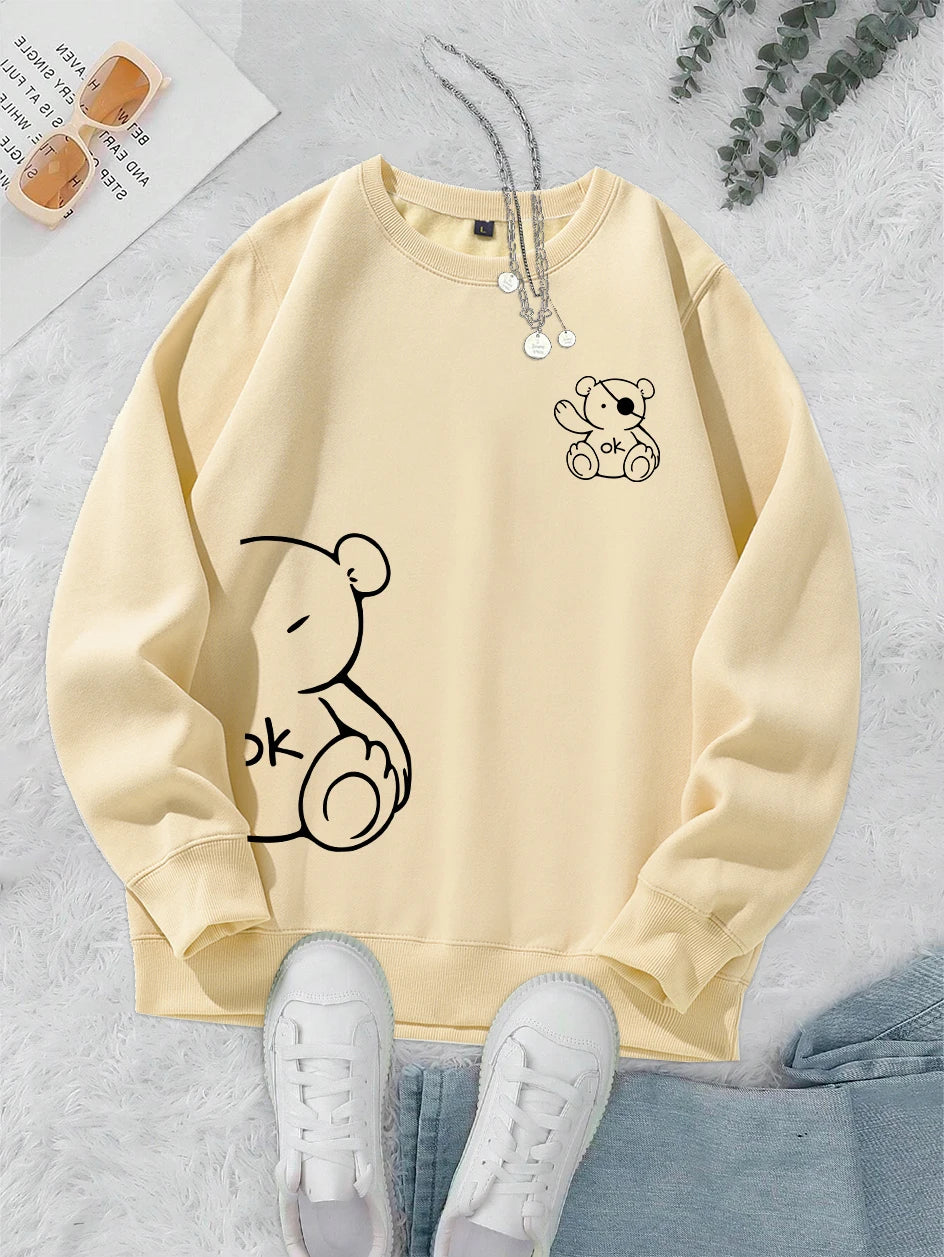 Kawaii OK Teddy bear Printing Sweatshirts For Women Classic Retro Fashion Hoodies Fleece Warm Casual Clothes Loose Sportswear