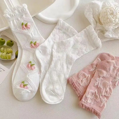 5 Pairs Lolita Japanese Woman Cute White Short Socks Set Girl Spring Summer Sweet Ruffle Lovely Cotton Socks For Women