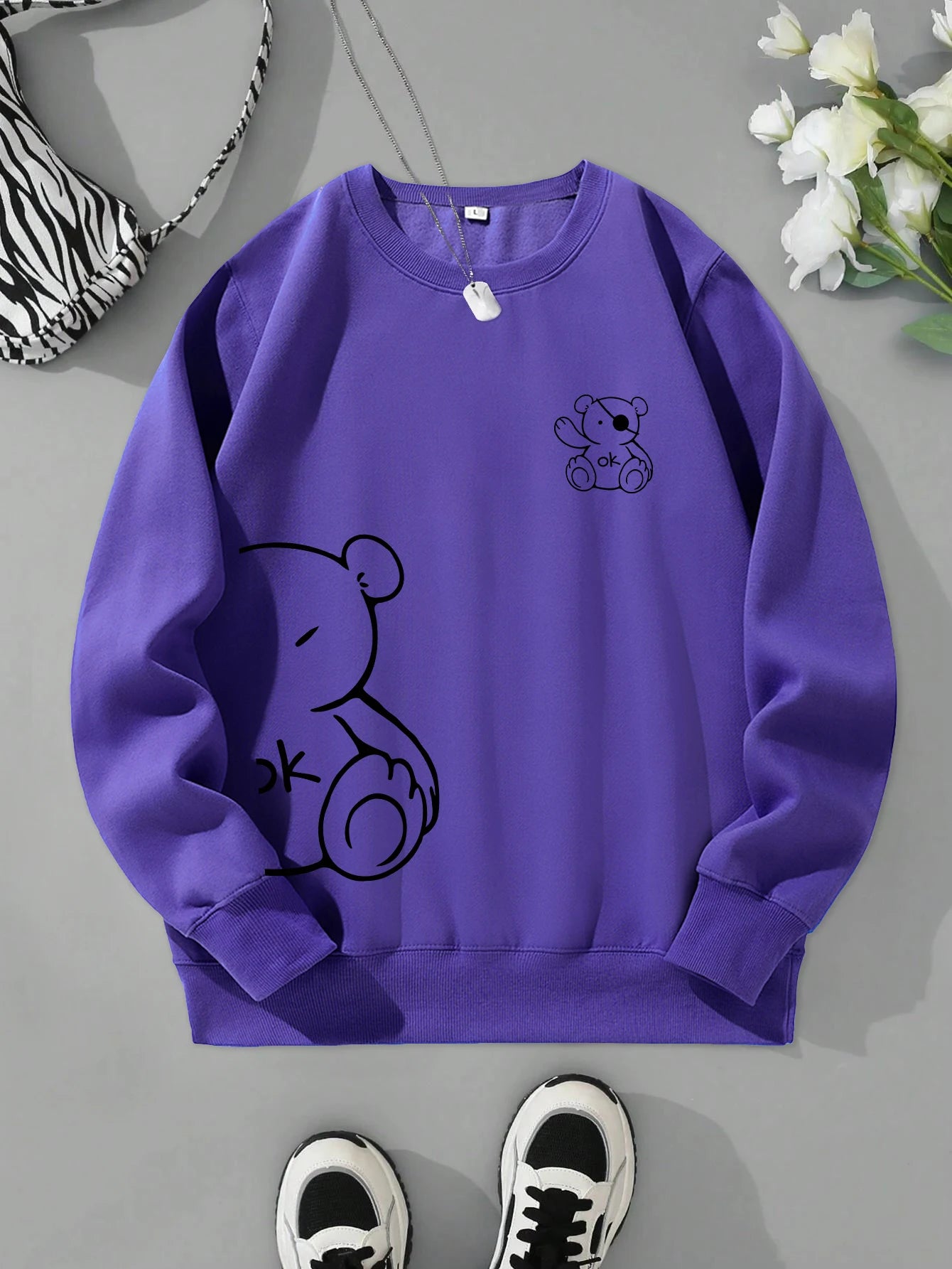 Kawaii OK Teddy bear Printing Sweatshirts For Women Classic Retro Fashion Hoodies Fleece Warm Casual Clothes Loose Sportswear
