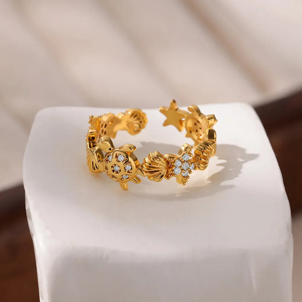 Dainty Zircon Shell Starfish Turtle Evil Eye Rings Stainless Steel Ring Women Anti Fading Golden Charm Jewelry Accessories Gifts