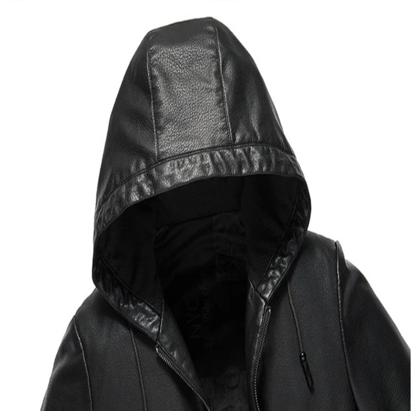 2024 High Quality Hooded Leather Fashion Handsome Trend Solid Color Casual Dad Dad Motorcycle Leather Jacket Upscale  M-4XL