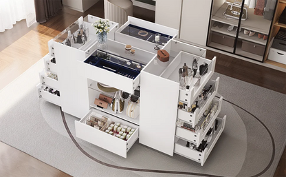 Closet Island with Drawers, Wardrobe Armoire Bedroom Island, Glass Display Shelf & 12 Drawers, White Dresser with Glass Top