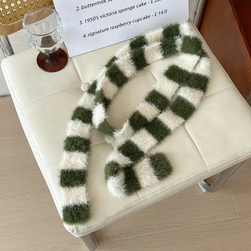 Striped Plush Scarf Women's Niche Design Sense Spice Girl Versatile Decoration Korean Version Thin and Narrow Long Scarf