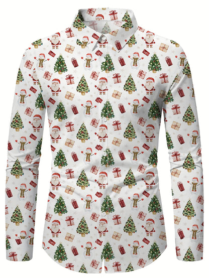 Christmas Festival Theme Men's 3D Printed Formal Shirts Christmas Tree Santa Claus Graphic Long Sleeve Shirt Fashion Men's Shirt