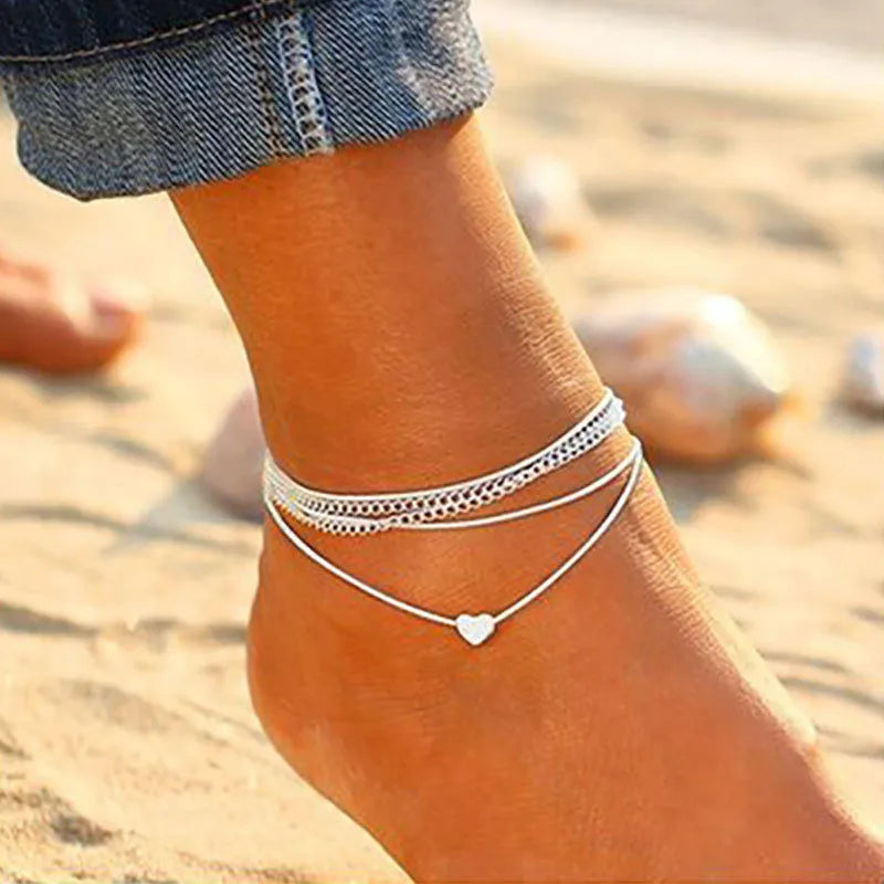 VAGZEB 2024 New Bohemia Handcuffs Anklet Multilayer Silver Color Foot Chain Fashion Ankle Bracelet For Women Beach Jewelry