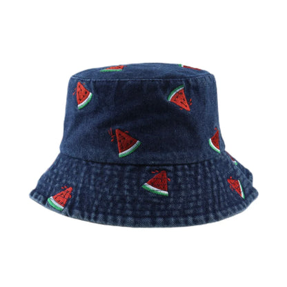 Spring Summer Strawberry Embroidery Denim Jeans Bucket Hat Legent Fisherman Hats for Women Foldable Sport Sun Beach Panama Caps
