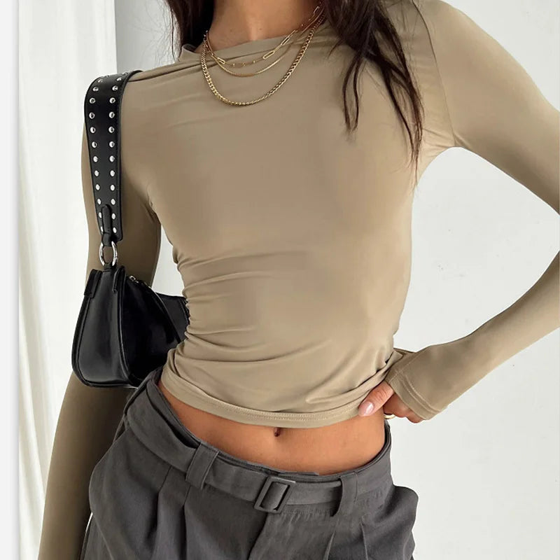 2024 Spring Autumn Women Y2K Pink T-Shirt Causal Long Sleeve Crop Tops O Neck Pullovers Base Tees Bodycon Slim Fit T Shirt