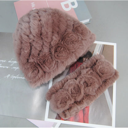 New Fashion Real Fur Hats Scarves Sets Women Winter Knitted Real Rex Rabbit Fur Hat Scarf Ladies Natural Fur Hats Mufflers Sets