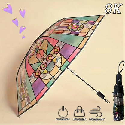 British Wind Rainforest Arch Transparent Umbrella Stained Glass Transparent Umbrella Long Handle Automatic Large Romantic Sunny