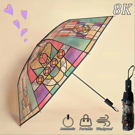 British Wind Rainforest Arch Transparent Umbrella Stained Glass Transparent Umbrella Long Handle Automatic Large Romantic Sunny
