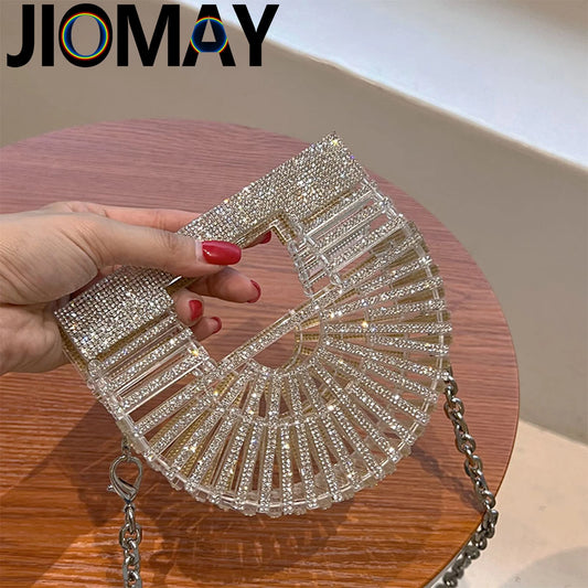 ﻿JIOMAY Half Moon Bag Rhinestone Purse Luxury Designer Handbags Clutch Evening Mini Basket Bling Tote Bag Crystal Wedding Bags