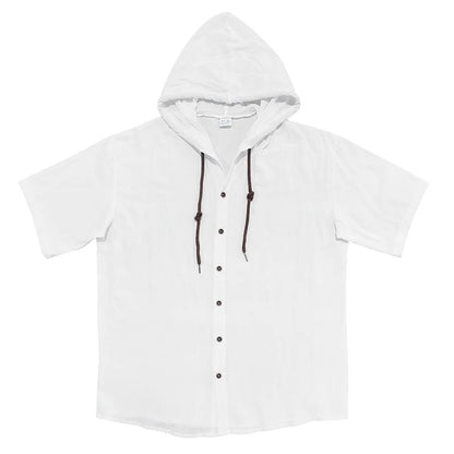 Summer cotton linen men's short sleeved shirt in US size solid color hooded casual T-shirt plus size men's clothing