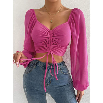 S-3XL Mesh Lantern Sleeves Drawstring Wrap Chest Bare Midriff T-Shirt Women Long Sleeve Ruched Blouse Sexy Crop Top Tee K5995